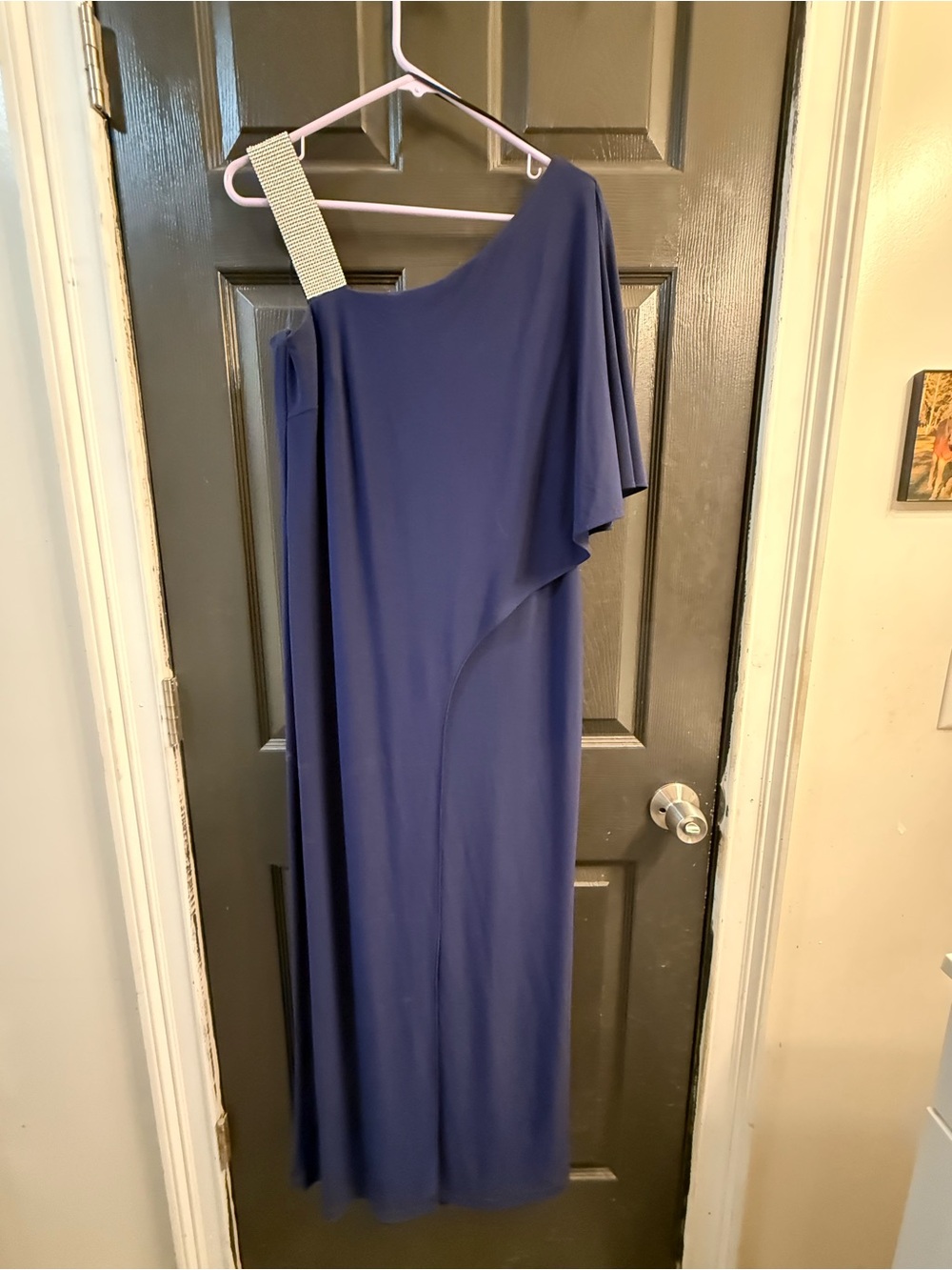 R&M Richards One-Shoulder Navy Evening Gown with Embellished Strap